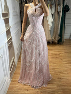 Luxury Pink Ombre Cross-Neck Beaded A-Line Gown CLA73783