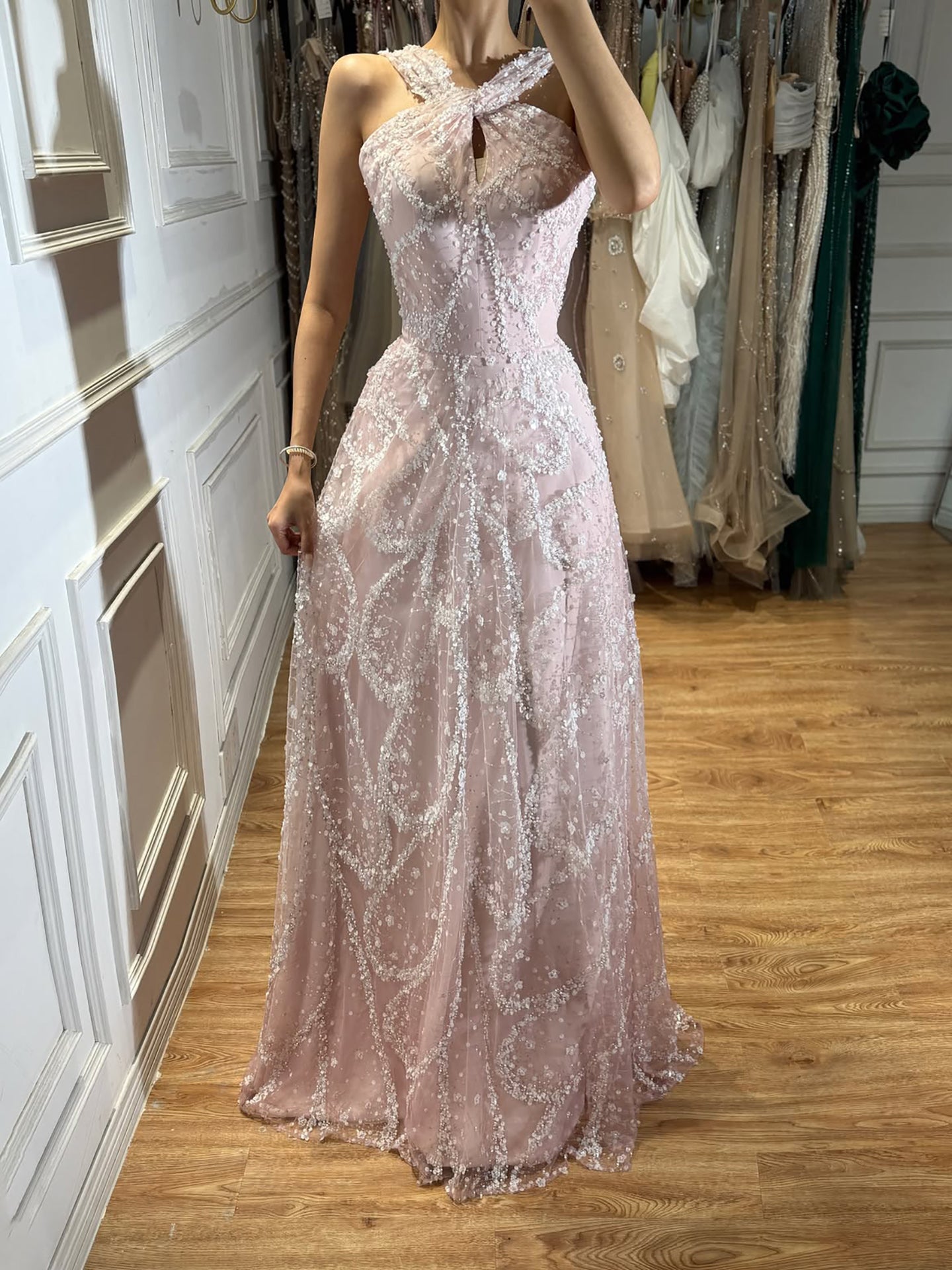 Luxury Pink Ombre Cross-Neck Beaded A-Line Gown CLA73783