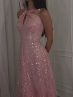 Luxury Pink Ombre Cross-Neck Beaded A-Line Gown LA73783