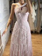 Luxury Pink Ombre Cross-Neck Beaded A-Line Gown CLA73783