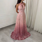 Luxury Pink Ombre Cross-Neck Beaded A-Line Gown LA73783