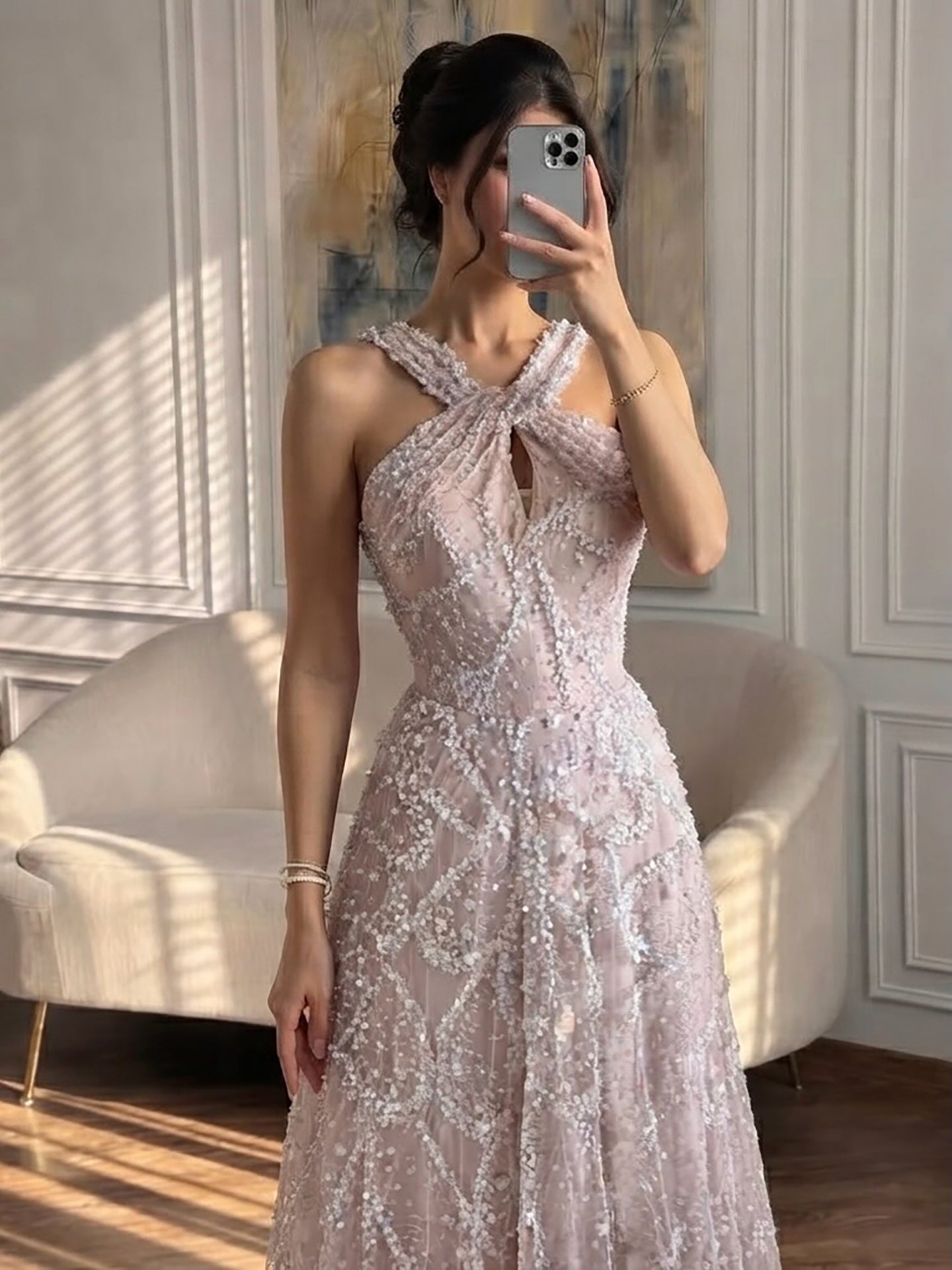 Luxury Pink Ombre Cross-Neck Beaded A-Line Gown CLA73783