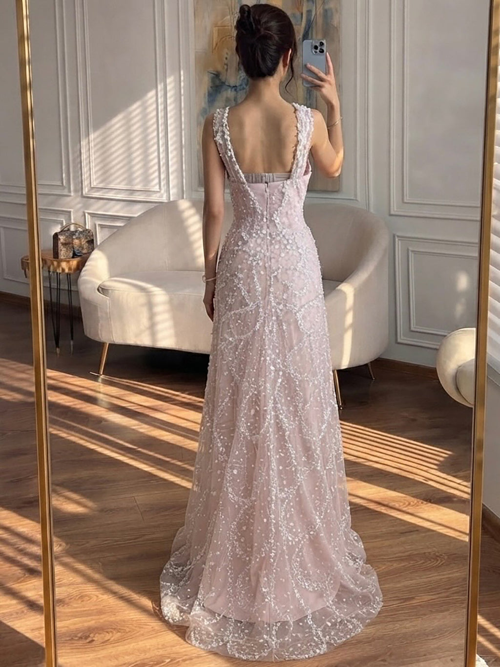 Luxury Pink Ombre Cross-Neck Beaded A-Line Gown CLA73783