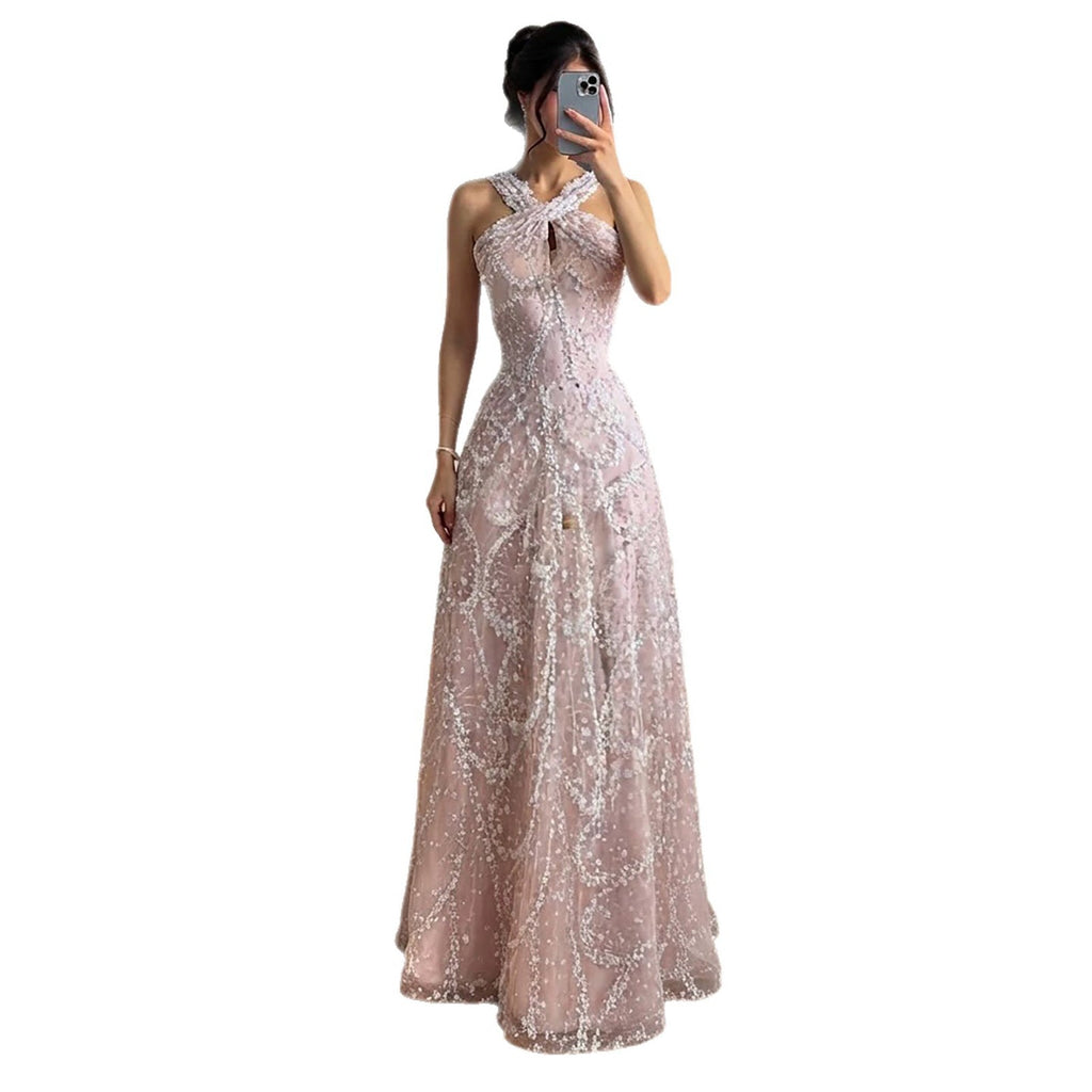 Luxury Pink Ombre Cross-Neck Beaded A-Line Gown CLA73783
