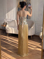 Luxury Gold Crystal Beaded Strapless Tassel Evening Dress LA73785
