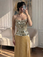 Luxury Gold Crystal Beaded Strapless Tassel Evening Dress LA73785