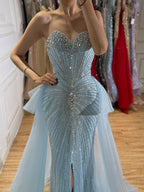 Luxury Blue Crystal Beaded Mermaid Evening Dress CLA73786