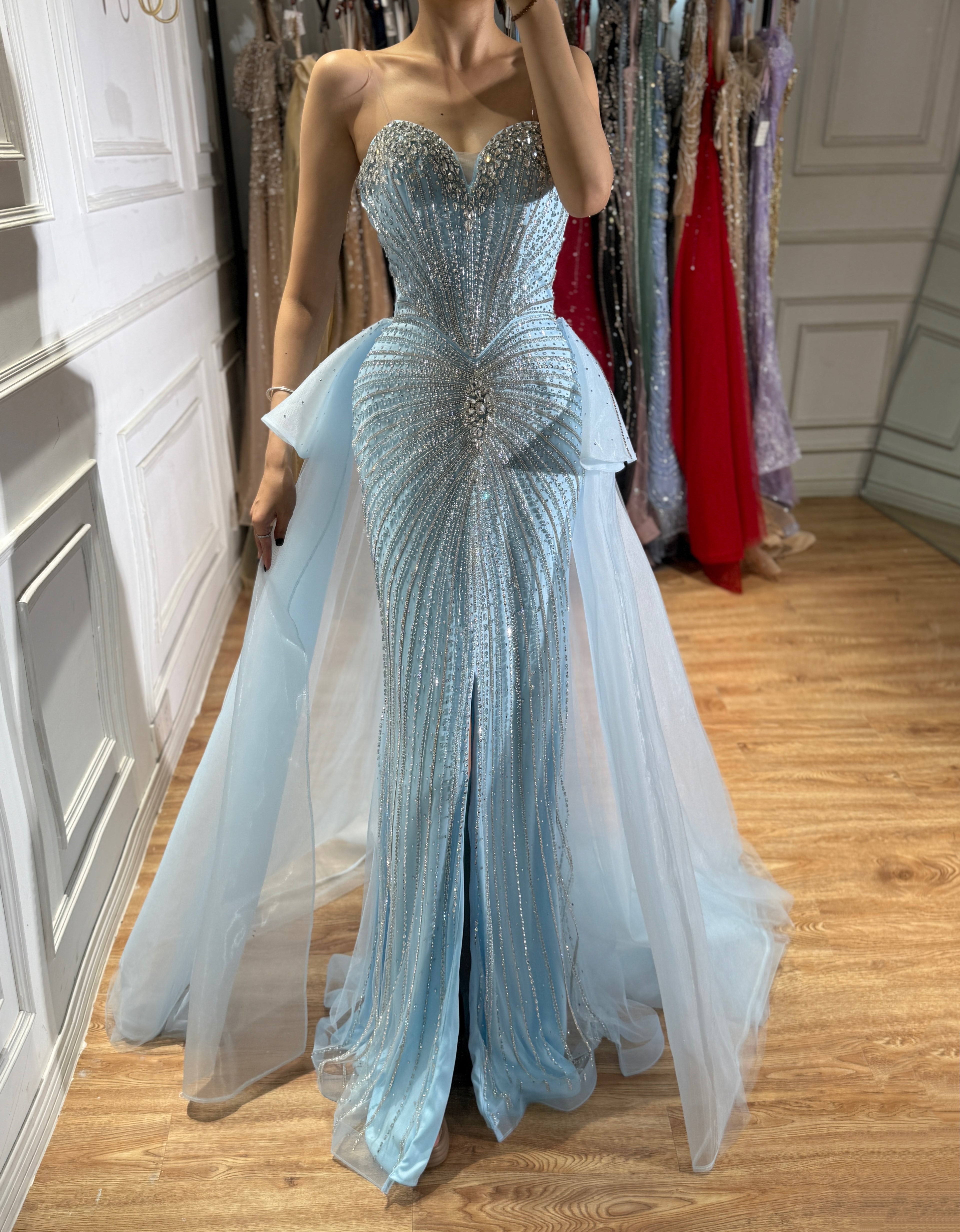 Luxury Blue Crystal Beaded Mermaid Evening Dress CLA73786