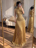 Luxury Gold High-Neck Beaded Gown with Heavy Tassels LA73787