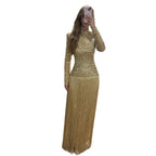 Luxury Gold High Neck Beaded Fringe Long Sleeve Dress LA73787A