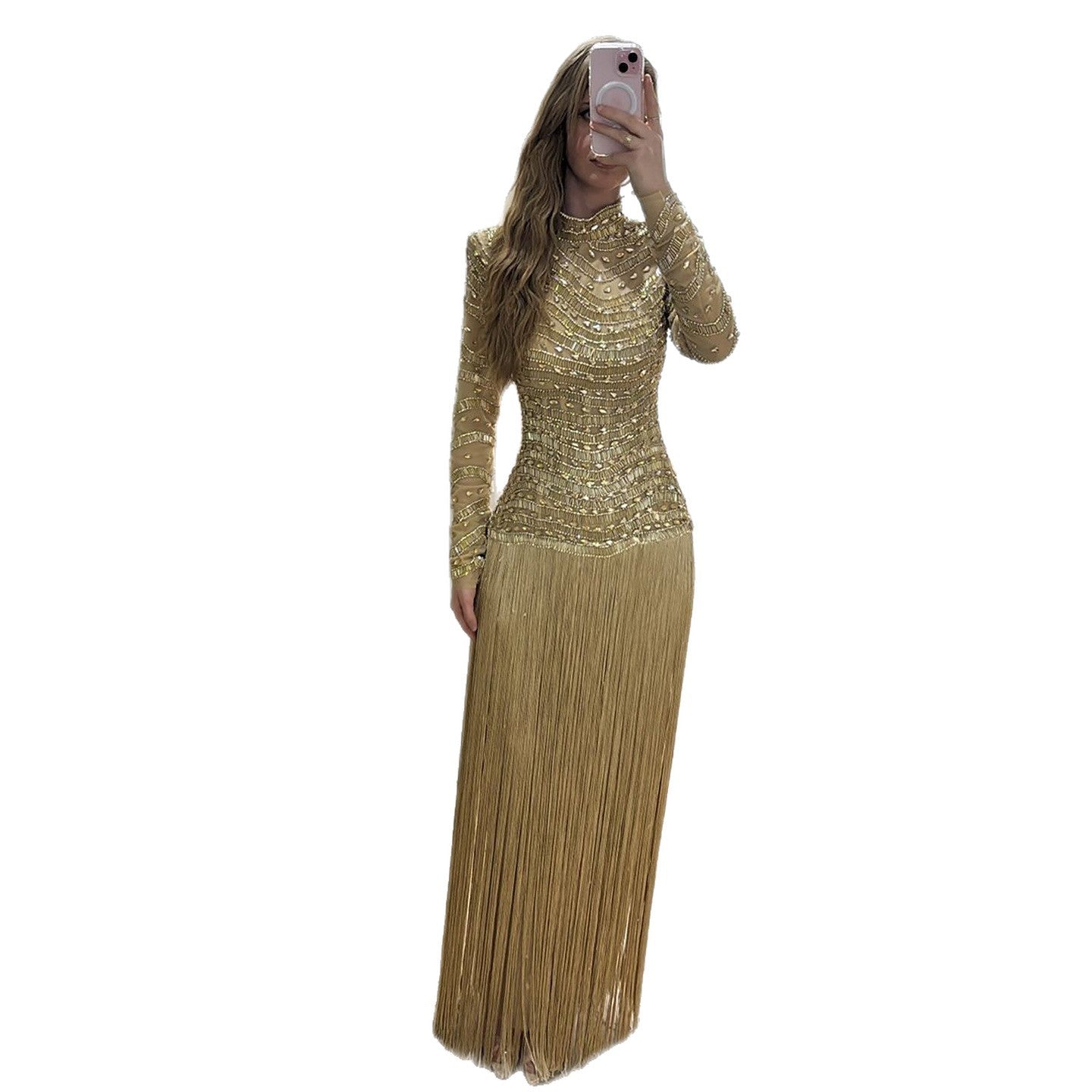 Luxury Gold High Neck Beaded Fringe Long Sleeve Dress LA73787A