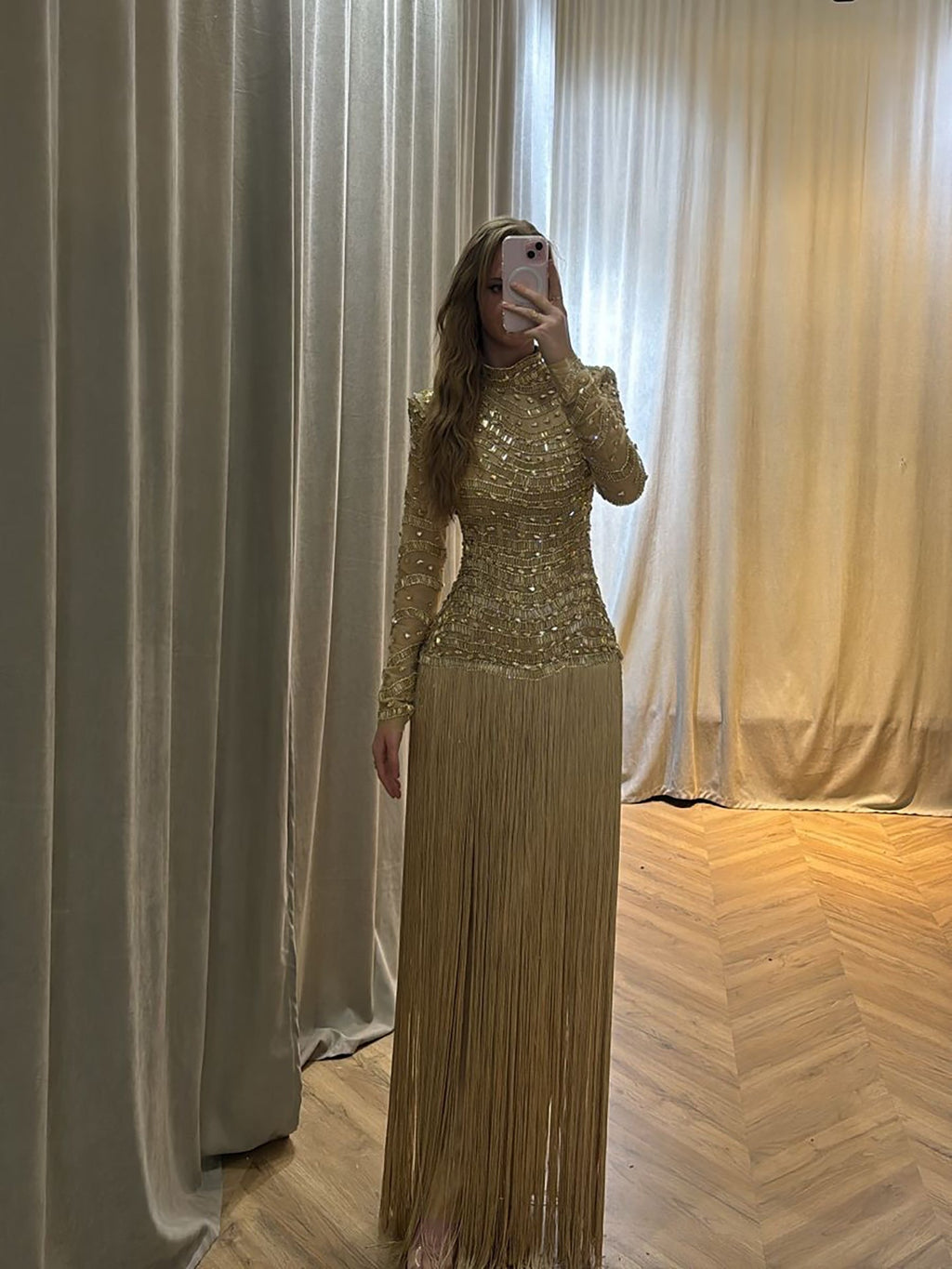 Luxury Gold High Neck Beaded Fringe Long Sleeve Dress LA73787A