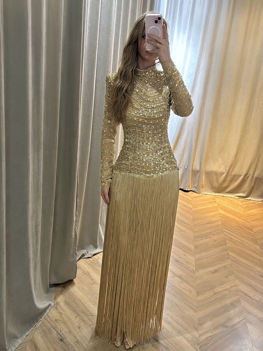 Luxury Gold High Neck Beaded Fringe Long Sleeve Dress LA73787A