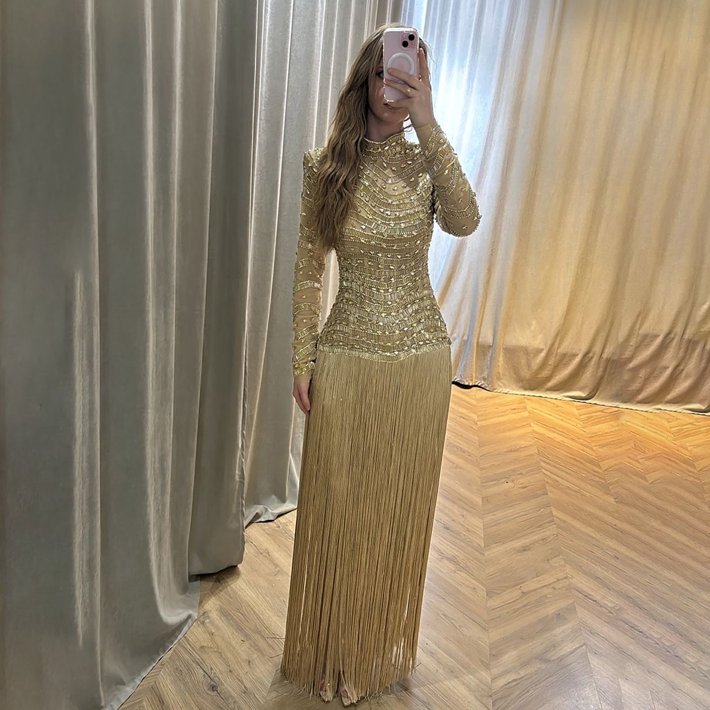 Luxury Gold High Neck Beaded Fringe Long Sleeve Dress LA73787A