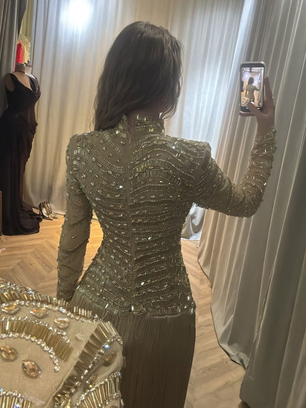 Luxury Gold High Neck Beaded Fringe Long Sleeve Dress LA73787A