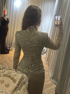 Luxury Gold High Neck Beaded Fringe Long Sleeve Dress LA73787A