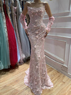 Luxury Pink Mermaid Off-Shoulder 3D Floral Lace Dress LA73788