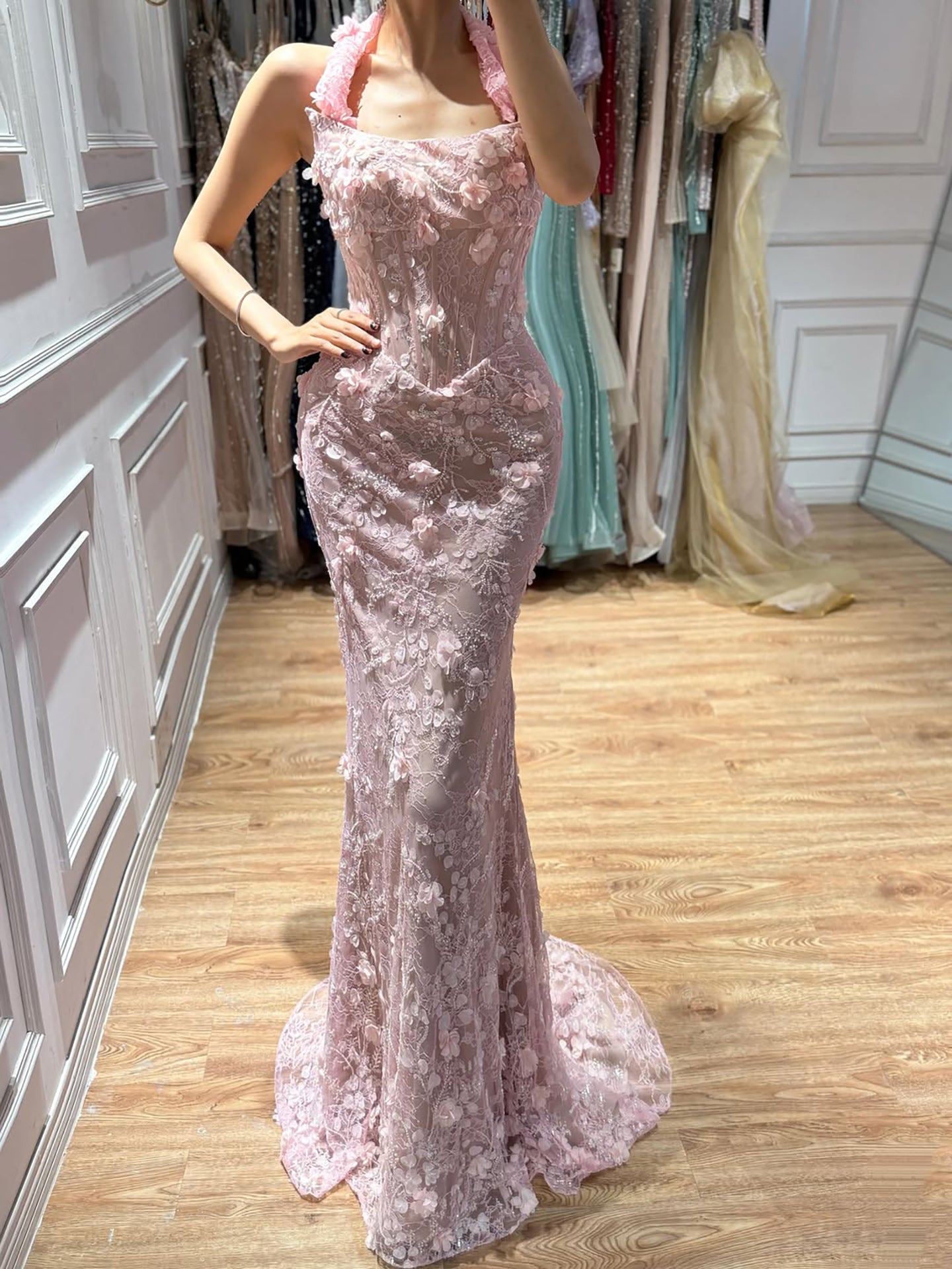 Luxury Pink Mermaid Off-Shoulder 3D Floral Lace Dress LA73788