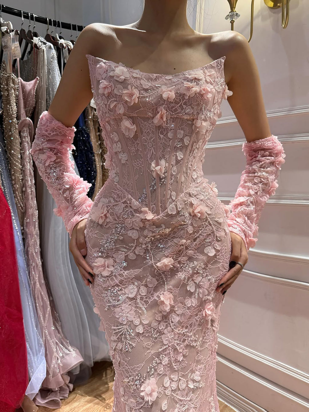 Luxury Pink Mermaid Off-Shoulder 3D Floral Lace Dress LA73788