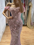 Luxury Pink Mermaid Off-Shoulder 3D Floral Lace Dress LA73788