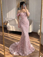 Luxury Pink Mermaid Off-Shoulder 3D Floral Lace Dress LA73788