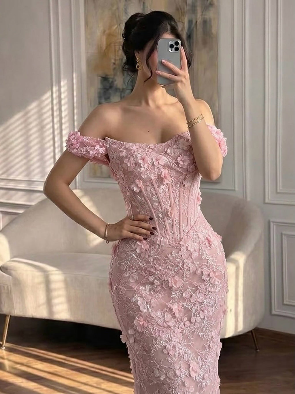 Luxury Pink Mermaid Off-Shoulder 3D Floral Lace Dress LA73788