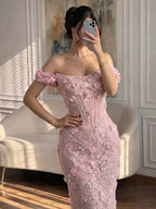 Luxury Pink Mermaid Off-Shoulder 3D Floral Lace Dress LA73788