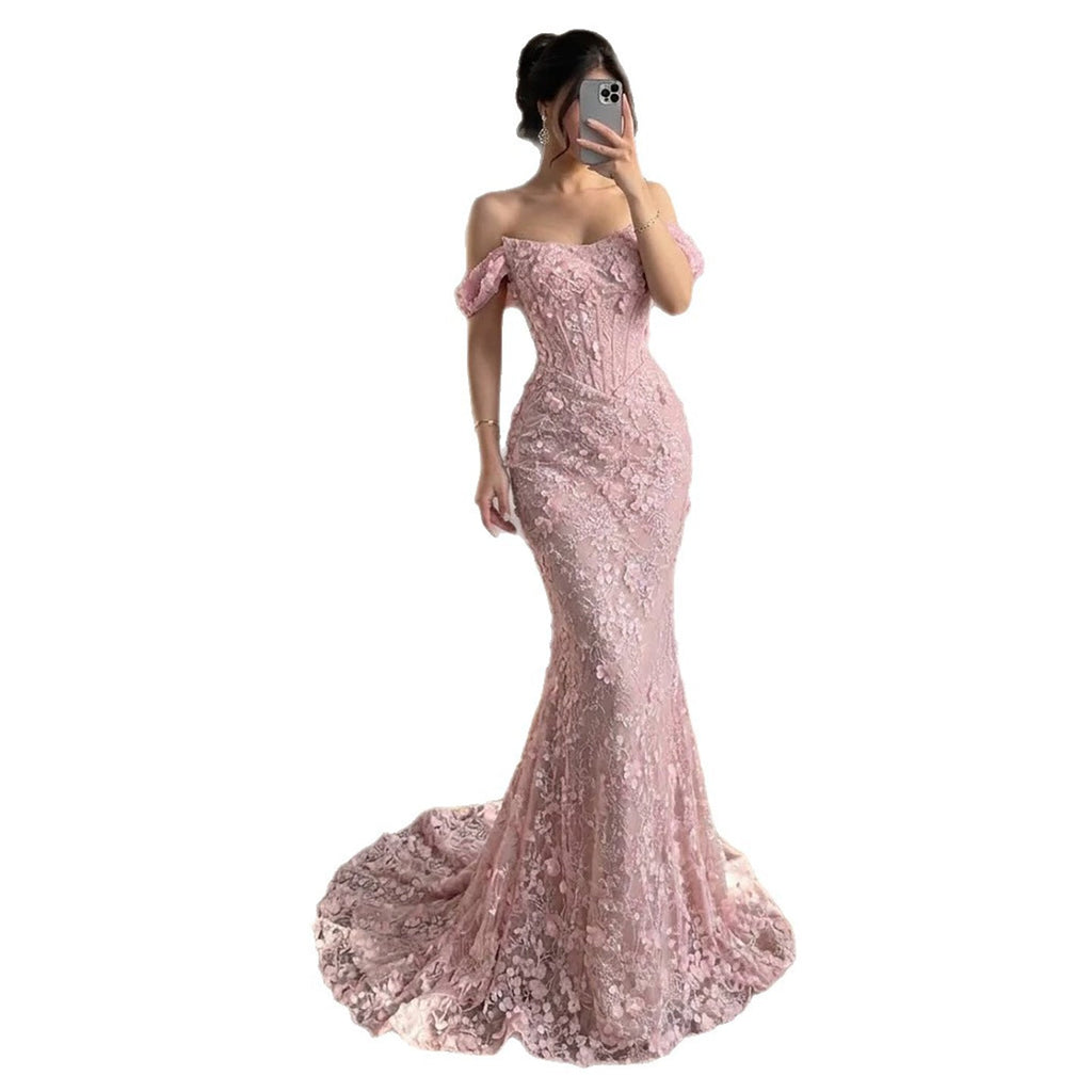 Luxury Pink Mermaid Off-Shoulder 3D Floral Lace Dress LA73788