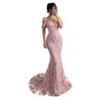 Luxury Pink Mermaid Off-Shoulder 3D Floral Lace Dress LA73788