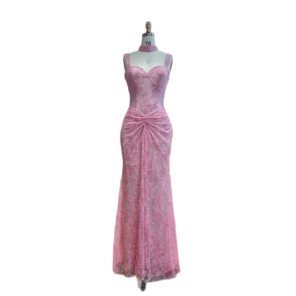 Luxury Pink Beaded Lace Mermaid Evening Dress With Choker LA73789