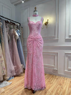Luxury Pink Beaded Lace Mermaid Evening Dress With Choker LA73789