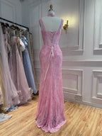 Luxury Pink Beaded Lace Mermaid Evening Dress With Choker LA73789