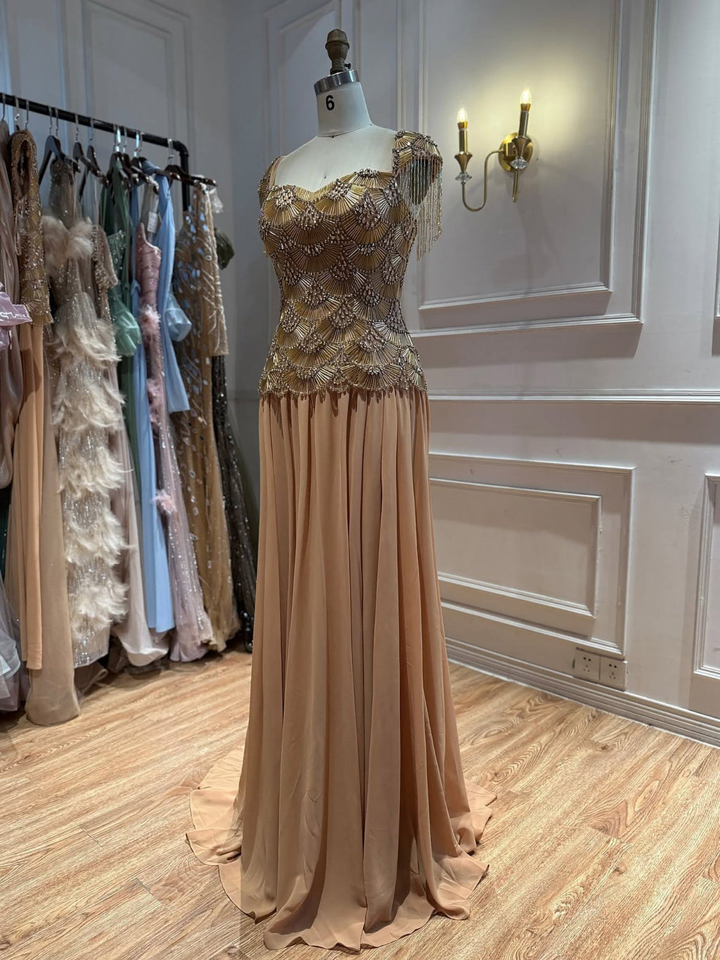 Luxury Gold Beaded Tassel Cap Sleeve A Line Evening Dress LA73790B