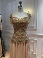 Luxury Gold Beaded Tassel Cap Sleeve A Line Evening Dress LA73790B
