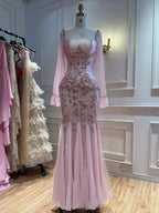 Arabic Pink Chiffon Beaded Elegant Mermaid Evening Dress CLA73794