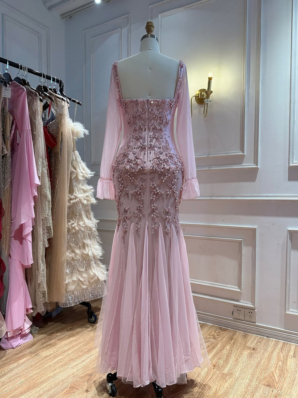 Arabic Pink Chiffon Beaded Elegant Mermaid Evening Dress CLA73794
