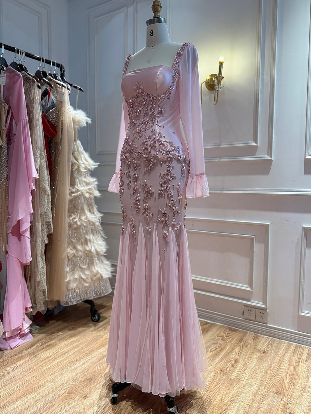 Arabic Pink Chiffon Beaded Elegant Mermaid Evening Dress CLA73794