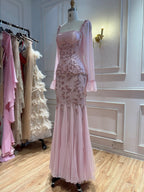 Arabic Pink Chiffon Beaded Elegant Mermaid Evening Dress CLA73794