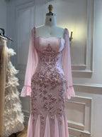 Arabic Pink Chiffon Beaded Elegant Mermaid Evening Dress CLA73794