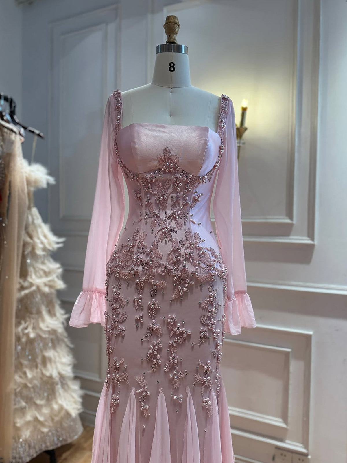 Arabic Pink Chiffon Beaded Elegant Mermaid Evening Dress CLA73794
