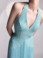 Luxury Blue Halter V-Neck Beaded Fringe Dress LA73795