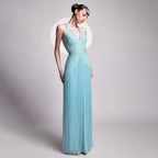 Luxury Blue Halter V-Neck Beaded Fringe Dress LA73795