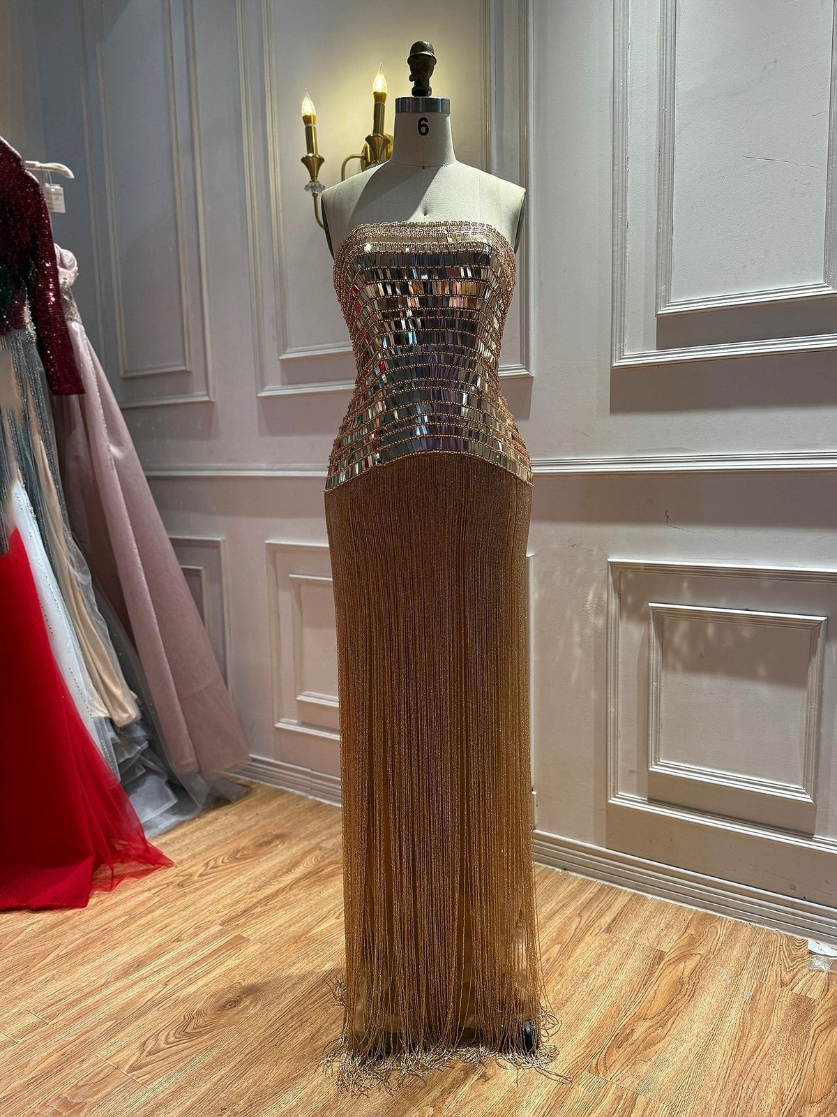 Gold Mirror Beaded Strapless Tassel Column Dress LA73797
