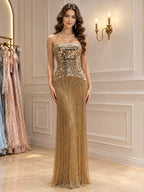 Gold Mirror Beaded Strapless Tassel Column Dress LA73797