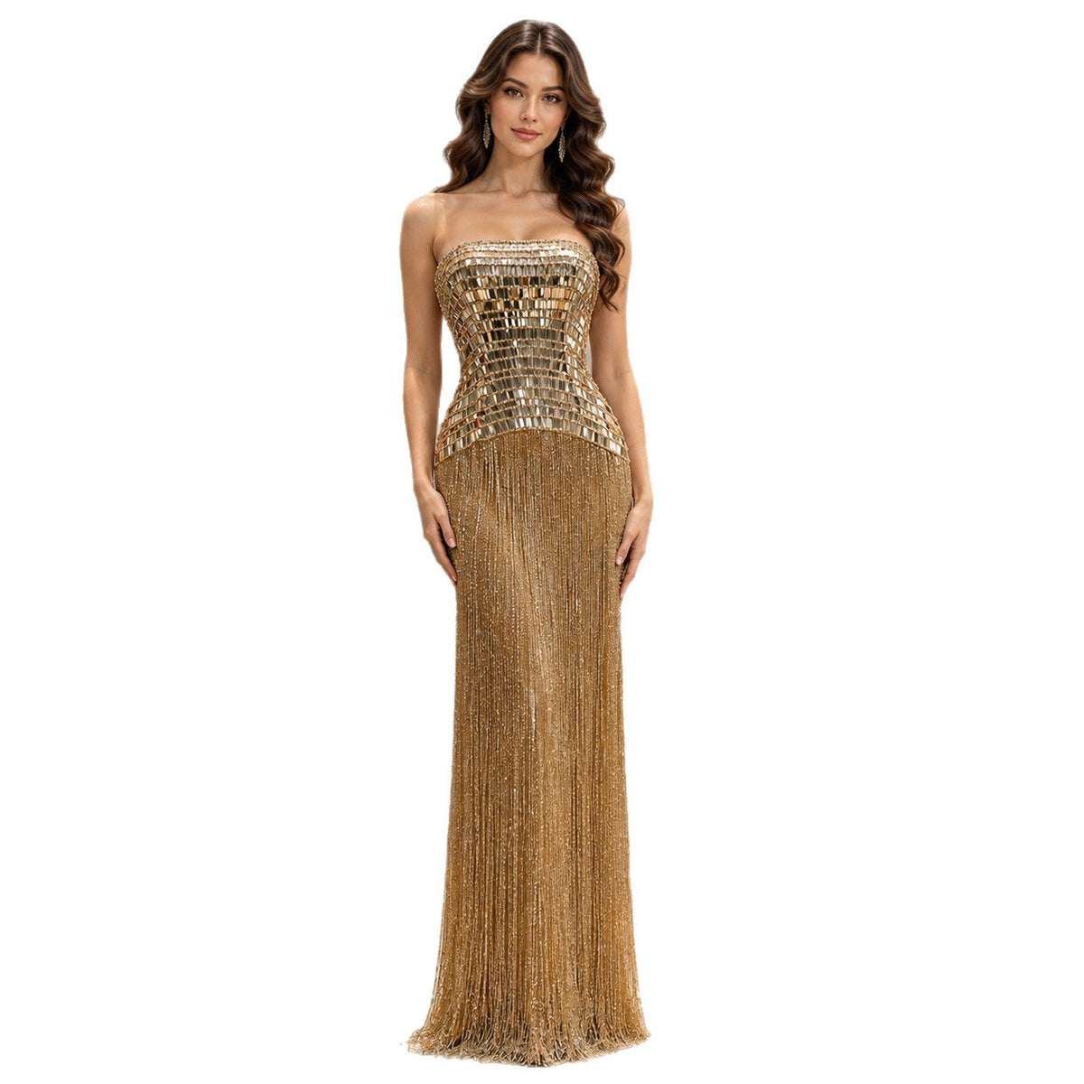 Gold Mirror Beaded Strapless Tassel Column Dress LA73797