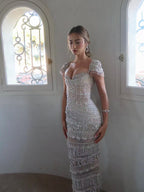 Luxury White Caramel Beaded Cap Sleeve Mermaid Dress LA73798