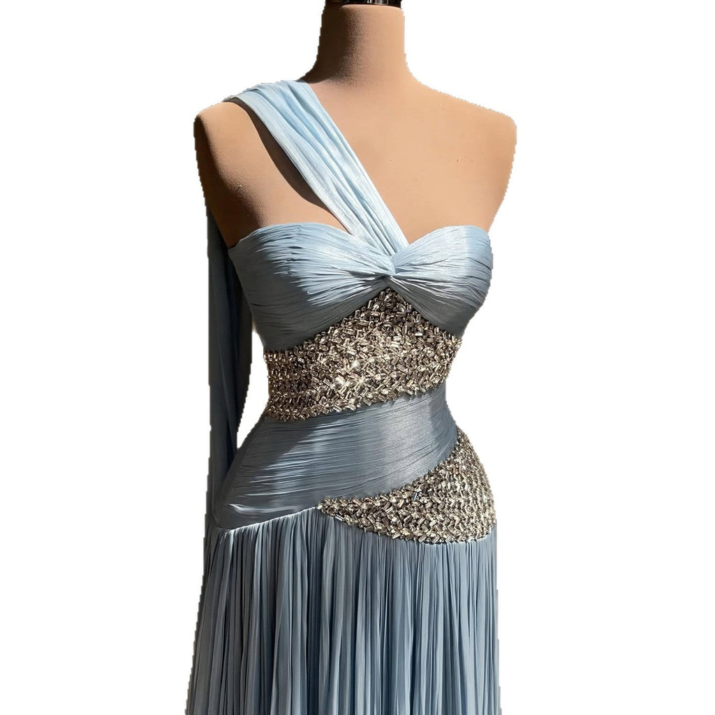 Luxury Blue One Shoulder Crystal Pleated Evening Dress LA73799