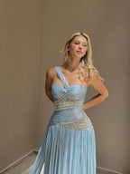 Luxury Blue One Shoulder Crystal Pleated Evening Dress LA73799