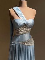 Luxury Blue One Shoulder Crystal Pleated Evening Dress LA73799