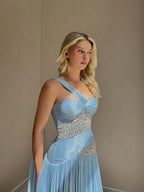 Luxury Blue One Shoulder Crystal Pleated Evening Dress LA73799